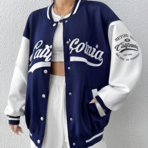 Letter Embroidery Drop Shoulder Two Tone Varsity Jacket